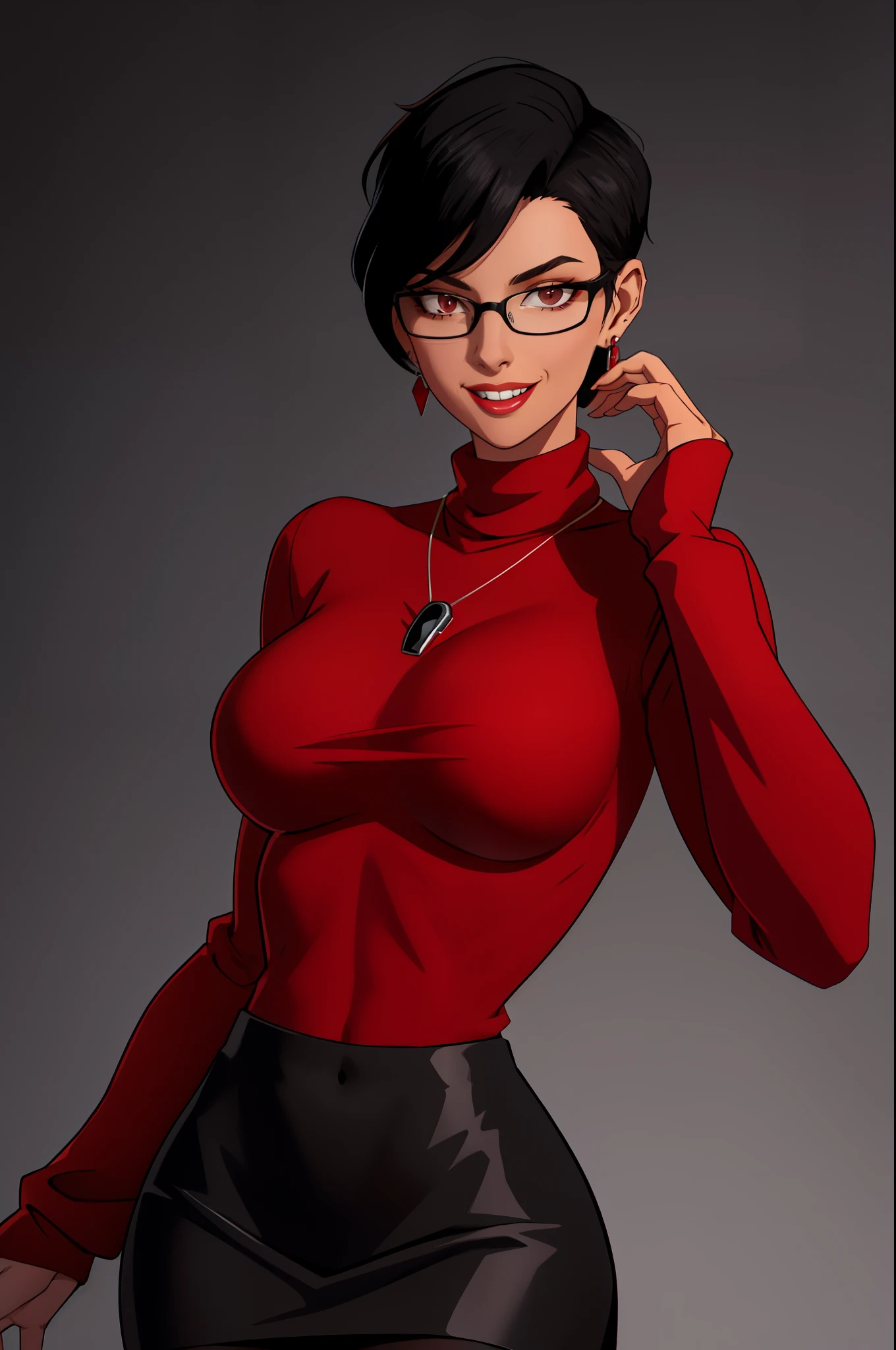 masterpiece, best quality, black hair, glasses, necklace, earrings, red sweater, turtleneck, labcoat, black miniskirt, large breasts, upper body, looking at viewer, doctor's office, smile, mischievous,