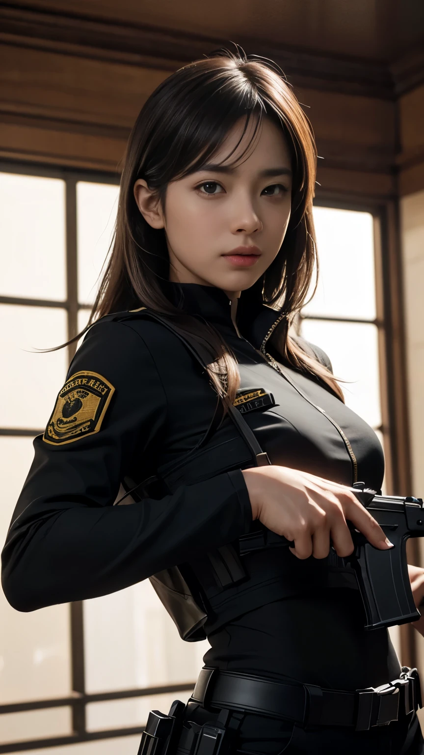 FBI agent girl, Armed with an FBI uniform in combat Action friendly with fire on the side, cinematic style