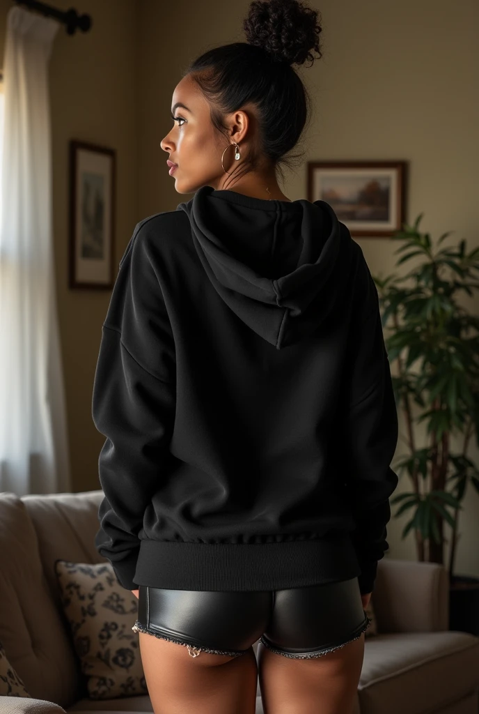 black woman hair in a bun black hoodie black leather short shorts being fucked in the ass by a old grandma in a dress