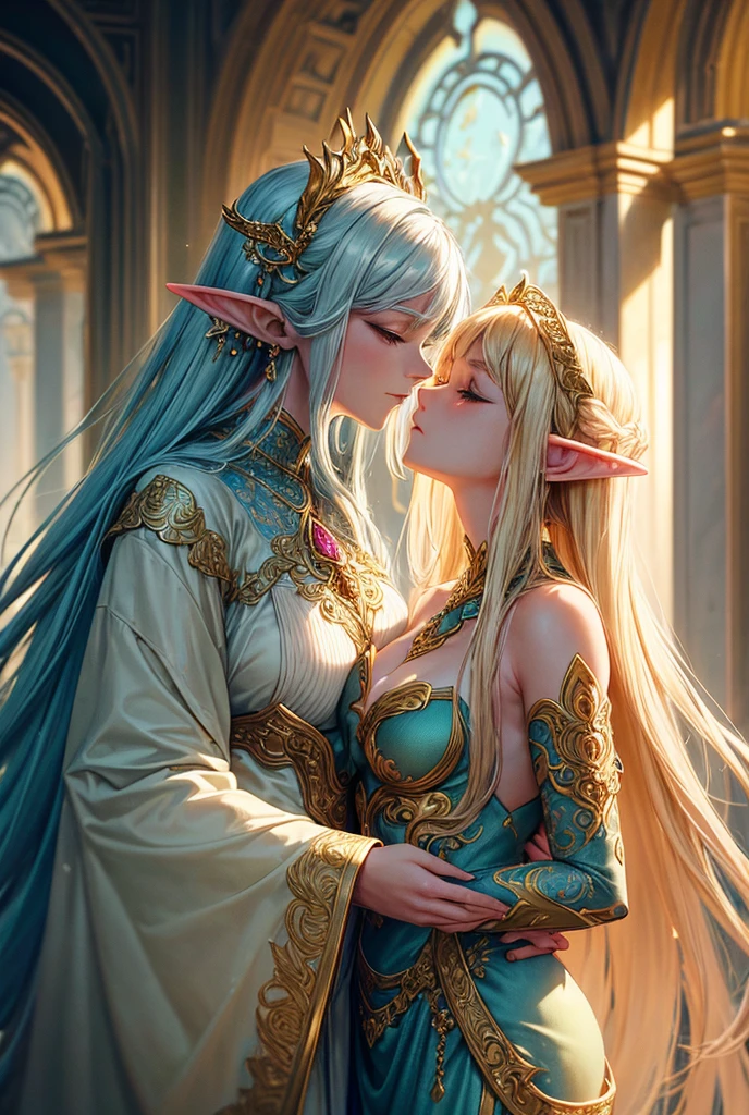 Here’s a prompt based on the image:
"A serene, ethereal scene featuring a delicate elven woman with long flowing blonde hair, pointed ears, and intricate, glowing jewelry. She is gently touching the head of a majestic dragon, its scales glistening with golden light as it gazes back at her with a deep, wise expression. The setting is bathed in soft, warm light, highlighting the intricate details of her ornate gown and the dragon's textured scales. The atmosphere is one of mutual respect and deep, unspoken connection between the two beings, set against a dreamy, mystical background."