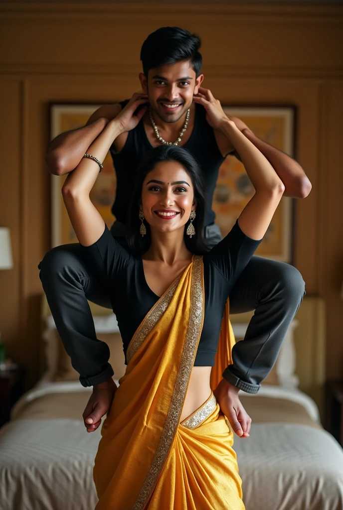 Beautiful and Slim, Sexy Indian woman in black blouse golden saree lifting a large chubby man above her shoulders, man is sitting on woman's shoulders, in a bedroom with high ceiling, natural smile, woman is looking into the camera , full body image 