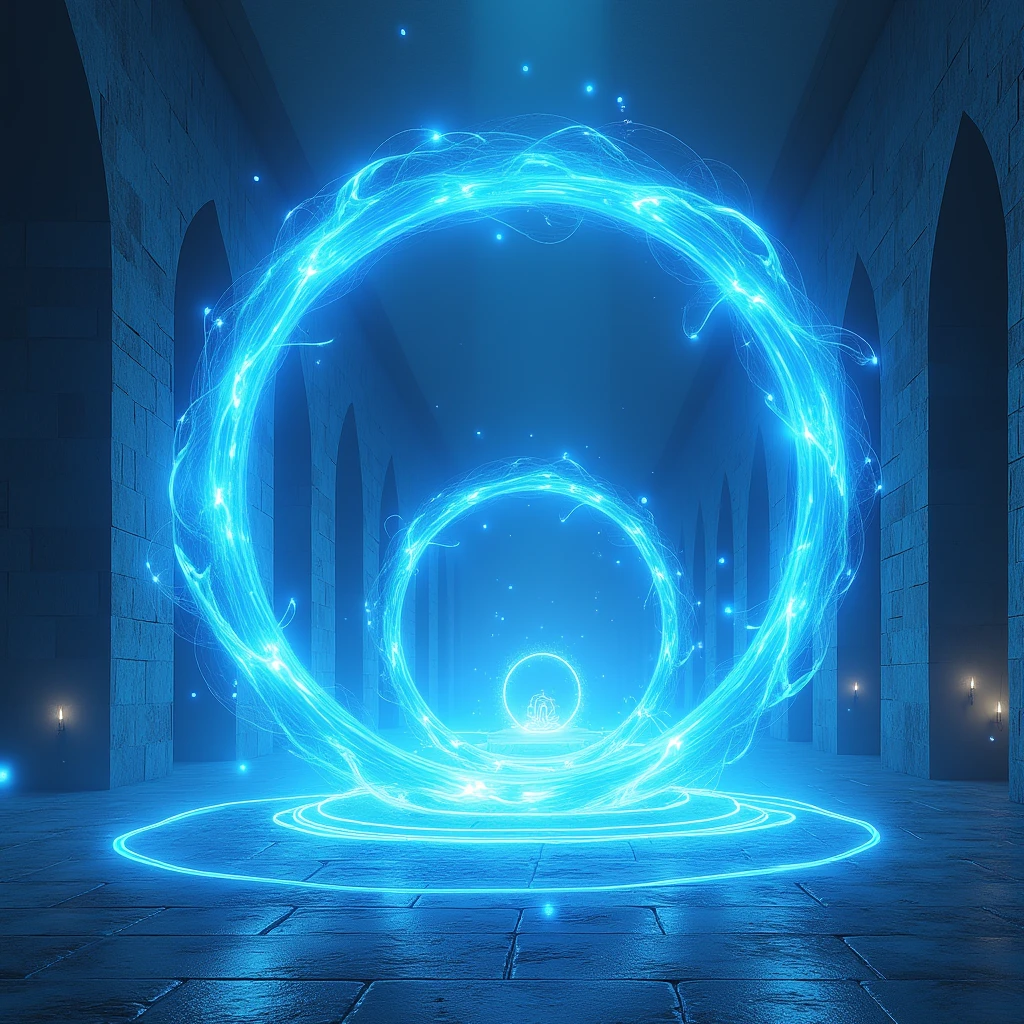 à large blue swirling portal next to a small blue swirling portal, blue glowing orbs fly into the large blue swirling portal and at the same time blue glowing orbs exit the small blue swirling portal in a stone arena of stone arched doors with blou portals at their entrance