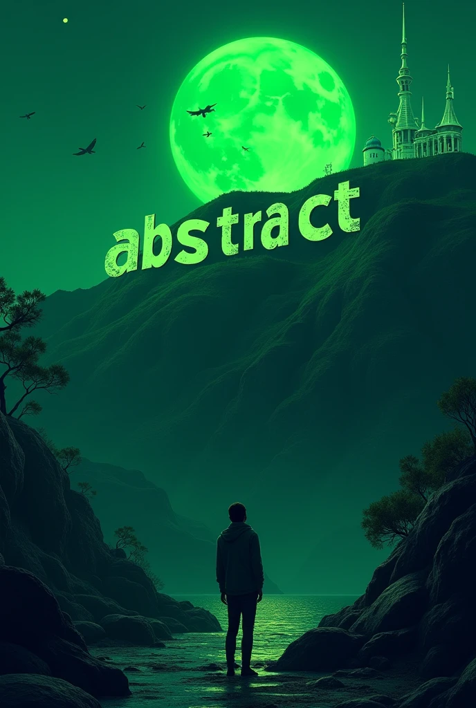 (Anime)the word ABSTRACT written  on a mountain like Hollywood,green color,green moon,nigt, hinta looking up on the mountain ,