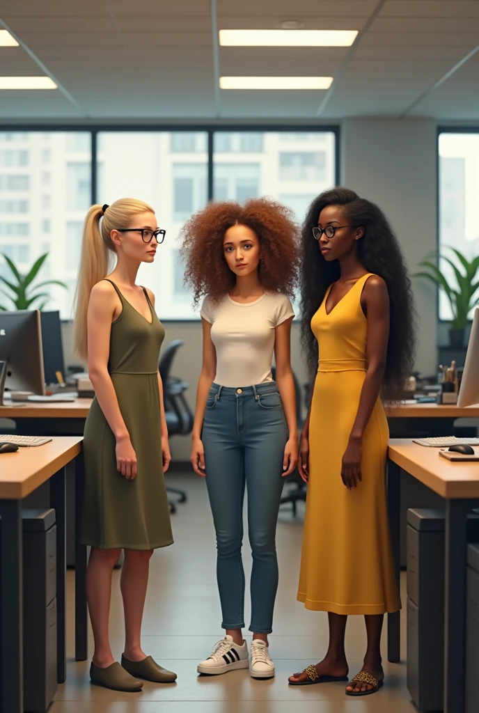 3 colleagues in an office 1 woman 60 years old blonde long straight hair tied glasses, strap dress, basket stan smith
1 jeune femme 25 ans blonde cheveux bouclés timide frange tshirt jeans basket adidas
1 femme noire malgache 30 ans un peu ronde cheveux ling lisse attaché lunette année 80, yellow robe, dancers