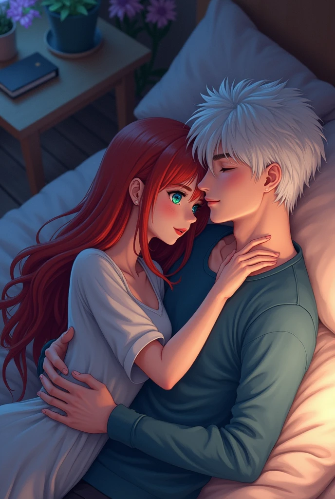a long red haired girl with green eyes,in the arms of a white-haired boy with blue eyes , in a room lying down