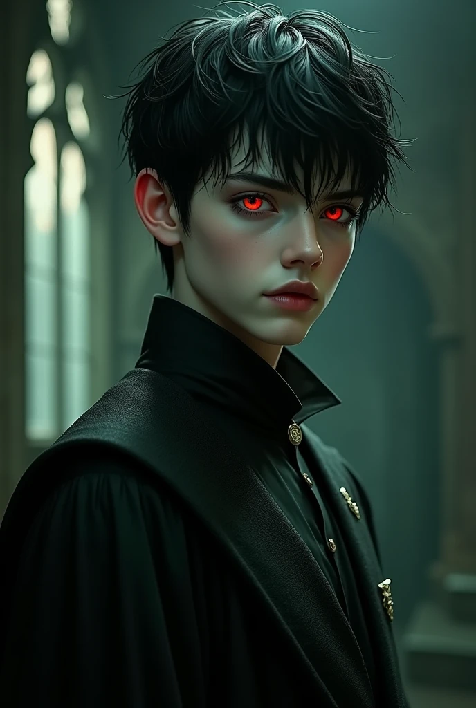 Generate an image of a male harry potter character who has red eyes short black hair pale skin. From Slytherin House