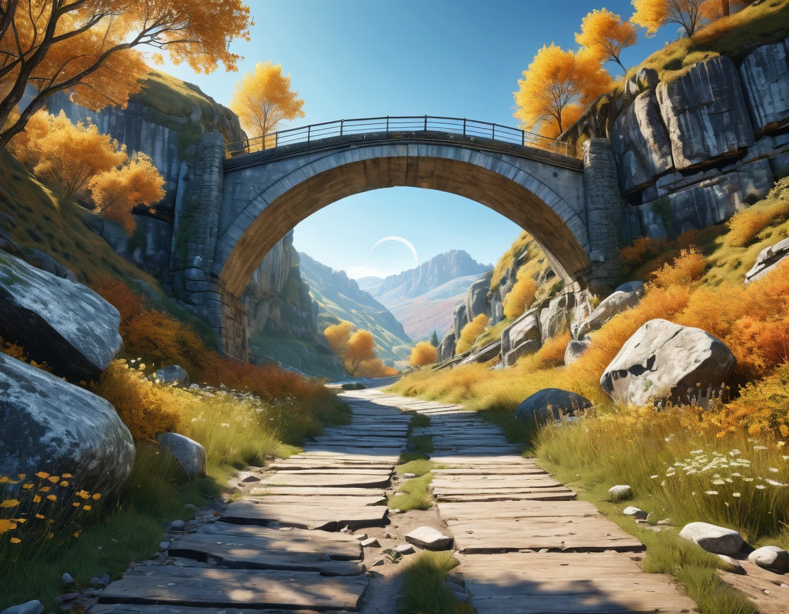 masterpiece, newest, absurdres, safe, ground view of a hyperrealistic picturesque dirty road accompanied by leafy autumn trees nestled in a valley encircled by majestic smooth hills under a clear blue sky, side erosion, old worn and cracked wooden bridge over stream, ancient rocks, wildflowers, perfect composition landscape, wallpaper art, hyper-realistic style, hyper-maximalism, ulra detailed, delicate, lovable, tiny, best, dynamic composition, magnificent, intense, perfect background, hdr, vray tracing, 32k, final render, outdoors, english text, no humans, ghost, flickering, spacecraft