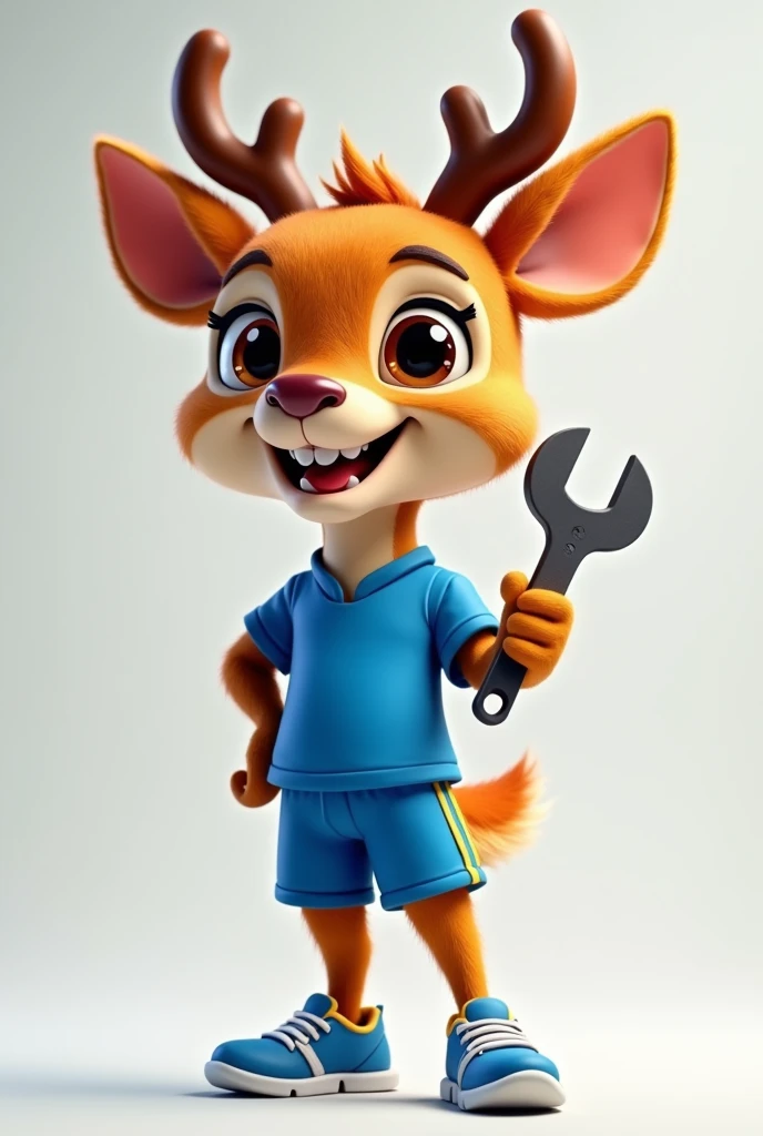 3d cartoon, realistic cartoon of a mascot deer, a furry mascot deer smiling and holding a stilson key, blue sports shirt and shorts, sneakers