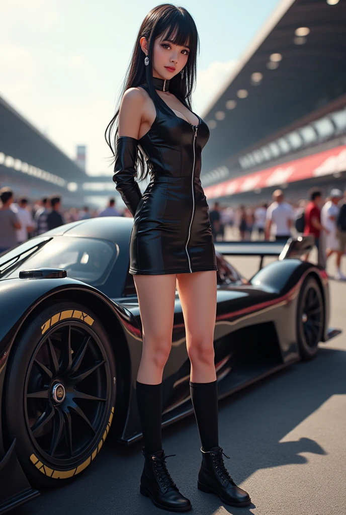 A Japanese race queen standing confidently at a racing circuit, dressed in a sleek and stylish black outfit. Her attire includes a short black top, a mini skirt, high socks, and boots, all in a coordinated black theme. She poses elegantly next to a race car, exuding both sophistication and energy. Her expression is vibrant and engaging, capturing the lively atmosphere of the racing event. The background is filled with the bustling activity of the circuit, with race cars and cheering fans enhancing the dynamic scene.