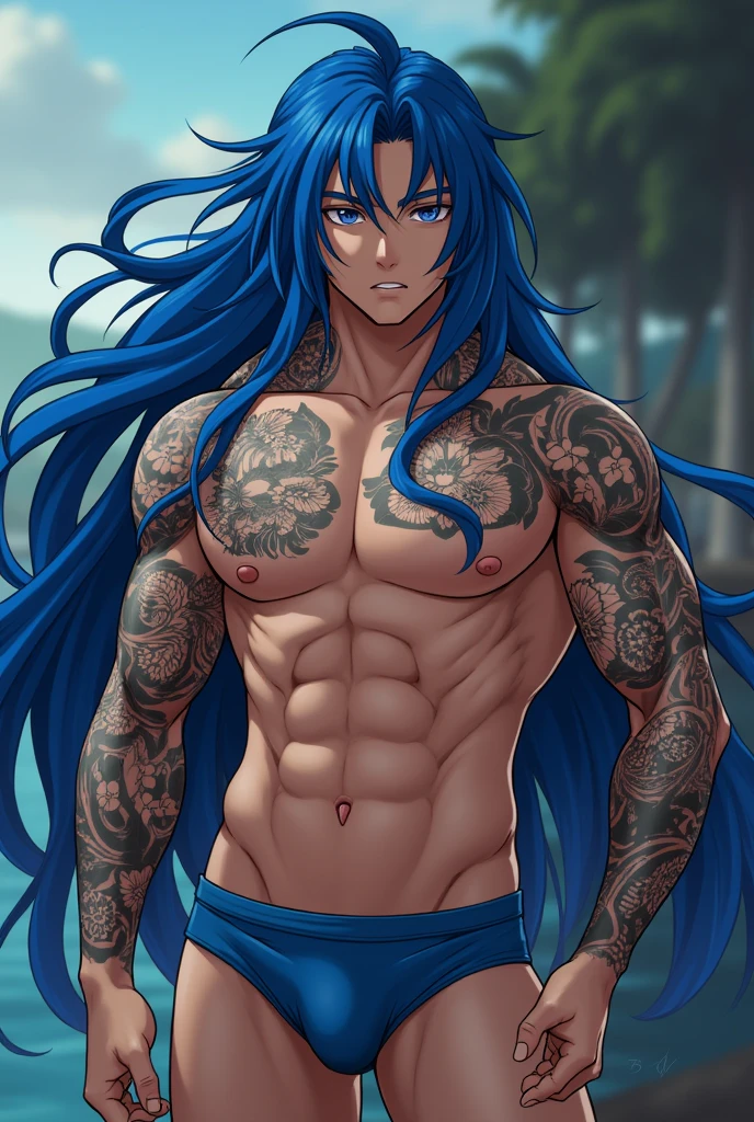 Taiju Shiba from Tokyo Revengers in a swimsuit. handsome man, strong and muscular. With long blue hair. Mesmerizing and charming look. big boy. tattooed