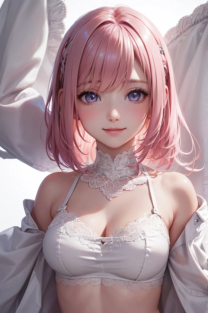 ((Highest quality, 8k, masterpiece :1.3)), (Sharp focus :1.2, Beautiful woman with perfect figure :1.4, Slim Abs), ((Big Breasts, Emphasize cleavage:1.2)), (Photorealistic:1.4), (realistic:1.4), (Pink Hair:1.5), Highly detailed face and skin texture, Fine grain, double eyelid. Makeup face, A little bit of lipstick, sex appeal, Sexy gravure pose, ((A high school girl in uniform、I'm sitting cross-legged in the corner of the library reading a book.。Surrounded by bookshelves、In a quiet atmosphere、Her long legs stand out。Her accessories are a blue headband and thin glasses.。:1.3))