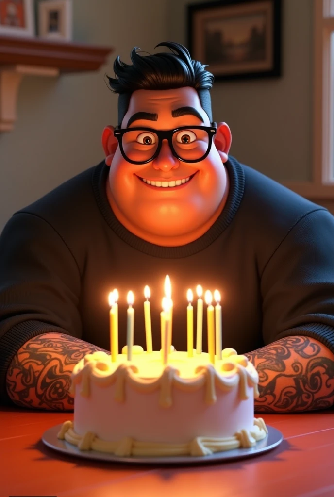 Character illustration in Disney Pixar 3D style of a large-bodied Latino man dressed in a black sweater with a masculine face and cheerful black hair combed to the side with black glasses, tattooed arms blowing a birthday cake 