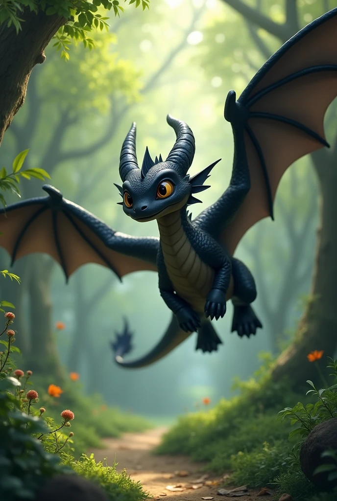 A black dragon with no teeth and friendly.
With black wings and with 1 lost fin
In a forest