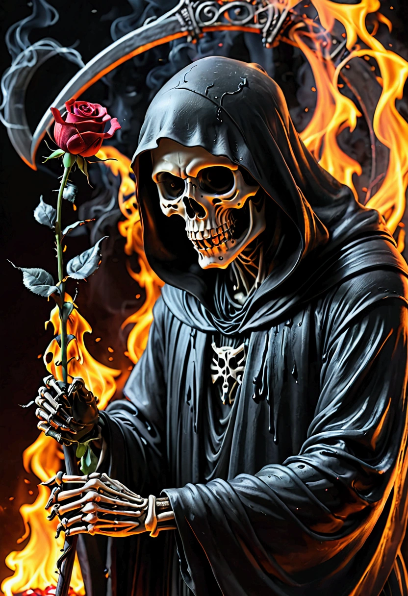 Grim reaper crying over burning rose