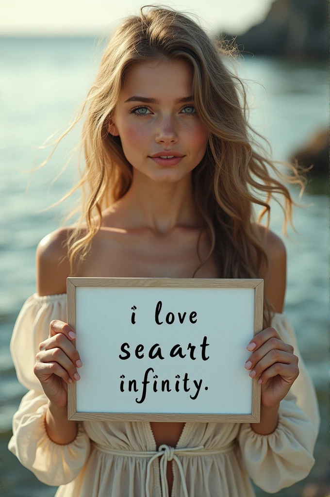 Beautiful girl with wavy long hair, bohemian dress, holding a white board with text "I Love Seaart Infinity" and showing it to the viewer