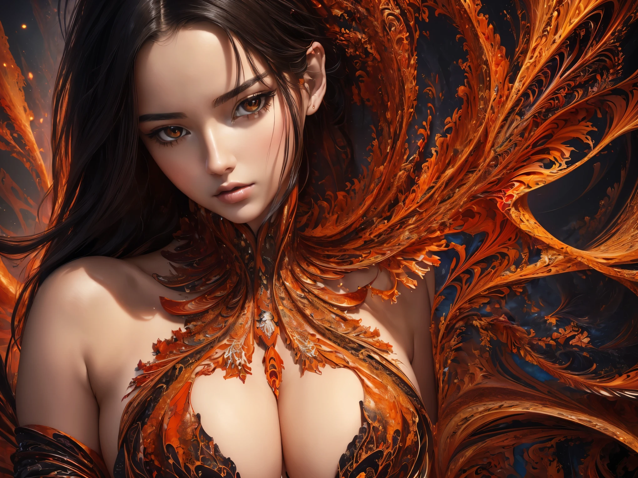 (masterpiece, top quality, best quality, official art, beautiful and aesthetic:1.2), (1girl),black hair, extreme detailed,(fractal art:1.3),colorful,highest detailed, nsfw
flowing elegant dress, exposed shoulders, cleavage. Sexy, seductive, teasing the viewer. long red hair. orange red gold, black
head and shoulders shot, naked breasts, ultra sharp, 