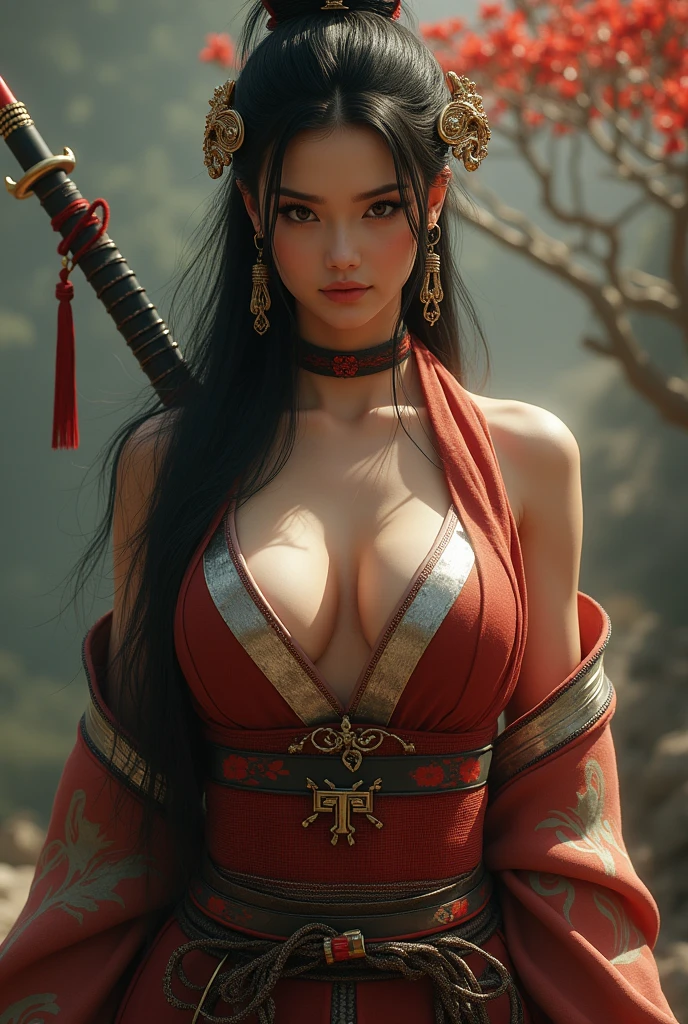 samurai woman, ((masterpiece, highest quality, Highest image quality, High resolution, photorealistic, Raw photo, 8K)), ((Extremely detailed CG unified 8k wallpaper)), (huge stunning goddess shot, very hot and sexy, jaw-dropping beauty, perfect proportions, beautiful body, slim body beauty:1.4), (((gigantic breasts, round breasts, perky breasts)))