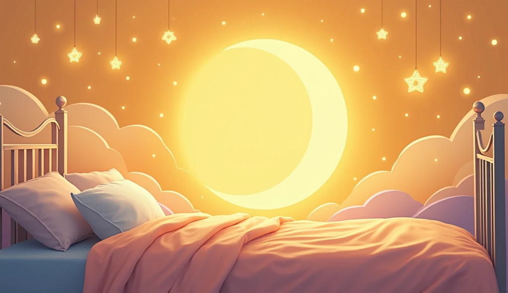 Bright and colorful banner for a YouTube channel dedicated to sleep meditation, bedtime stories and relaxation. The banner depicts a serene night sky with a crescent moon, stars and glowing lights. A cozy bed with soft pillows and a warm blanket. Floating clouds and peaceful landscape with gentle waves are also present. The background color is warm yellow.
Any text can be placed strictly in the center only


