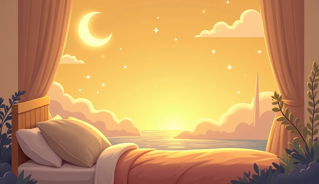 Bright and colorful banner for a YouTube channel dedicated to sleep meditation, bedtime stories and relaxation. The banner depicts a serene night sky with a crescent moon, stars and glowing lights. A cozy bed with soft pillows and a warm blanket. Floating clouds and peaceful landscape with gentle waves are also present. The background color is warm yellow.
Any text can be placed strictly in the center only