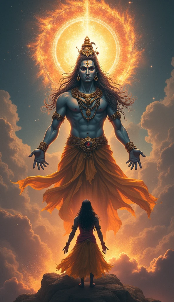 Illustrate Lord Shiva appearing before Vishnu, radiating an aura of power and benevolence. Shiva should be shown opening his third eye and generating a brilliant, fiery disc.