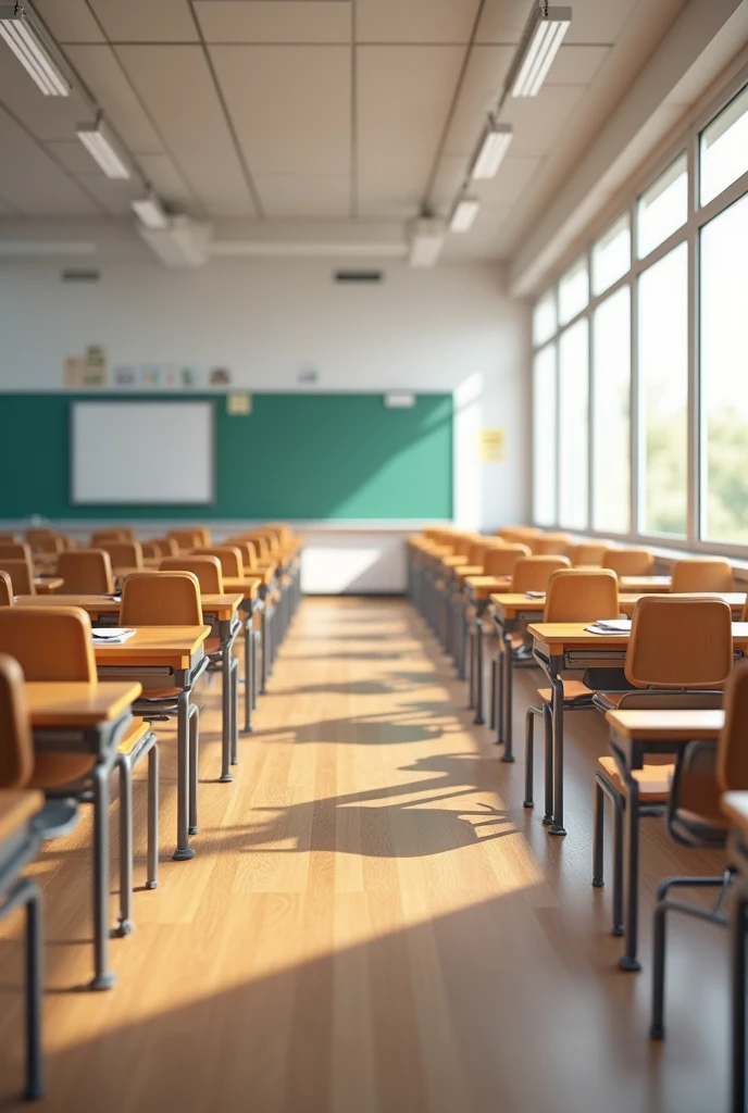 Make a classroom, no pupils, just the room with the desks and chairs. realisitic