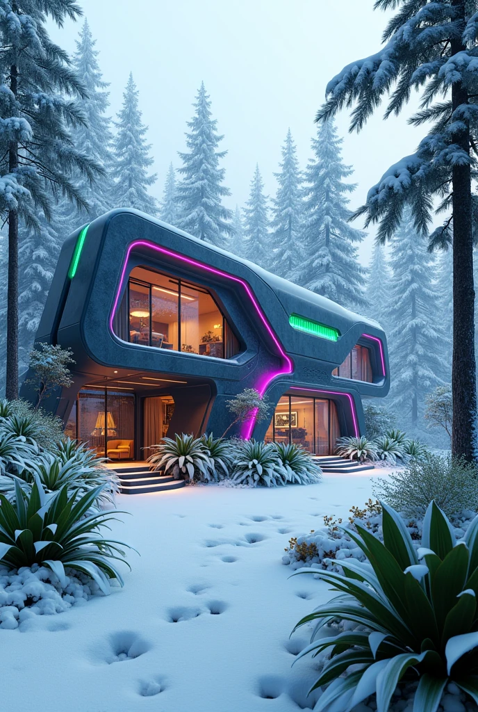 Futuristic house with neon lights in cyberpunk  full of greenery and snow 
