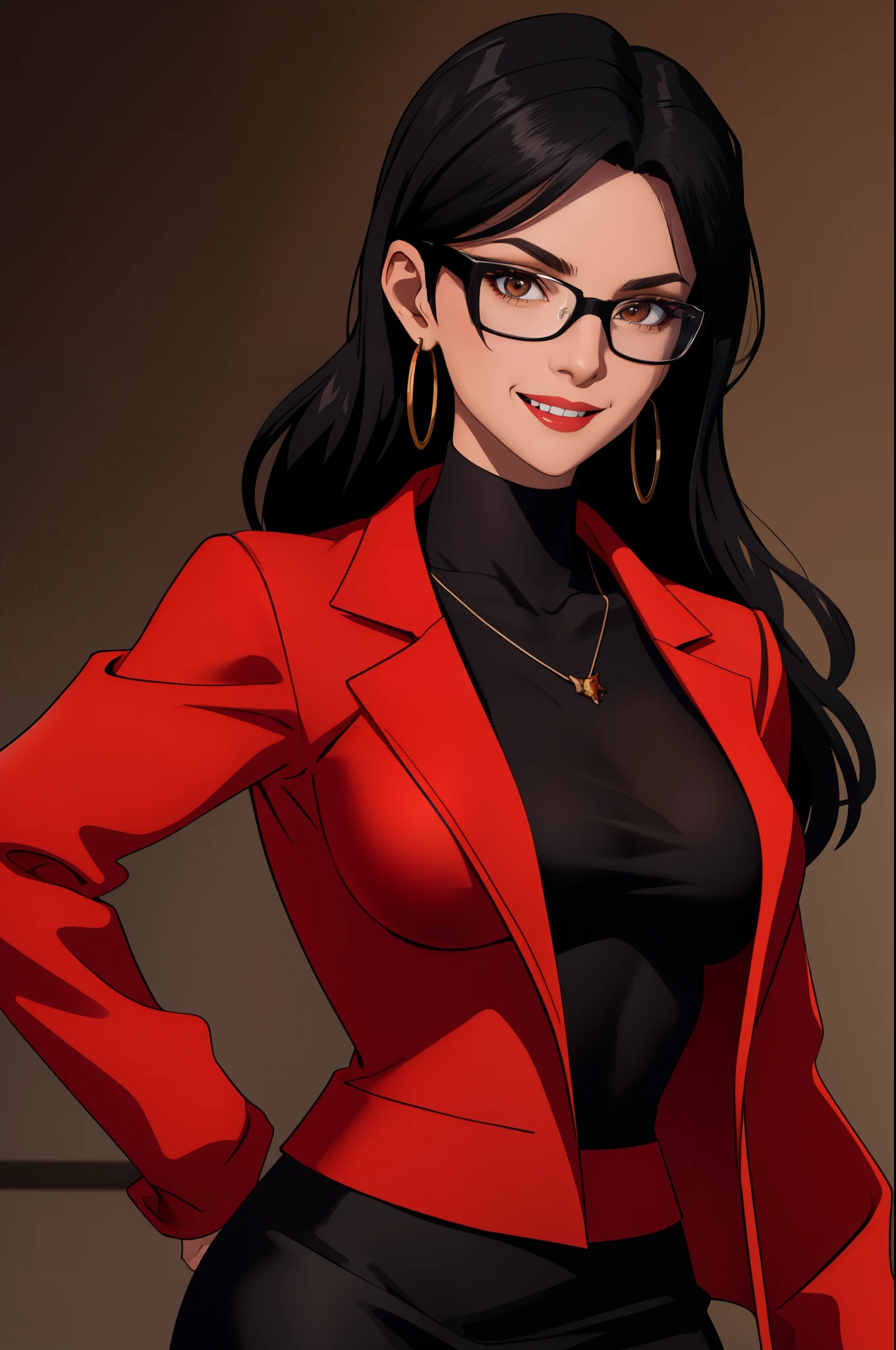 masterpiece, best quality, black hair, glasses, necklace, earrings, red sweater, turtleneck, labcoat, black miniskirt, large breasts, upper body, looking at viewer, doctor's office, smile, mischievous,