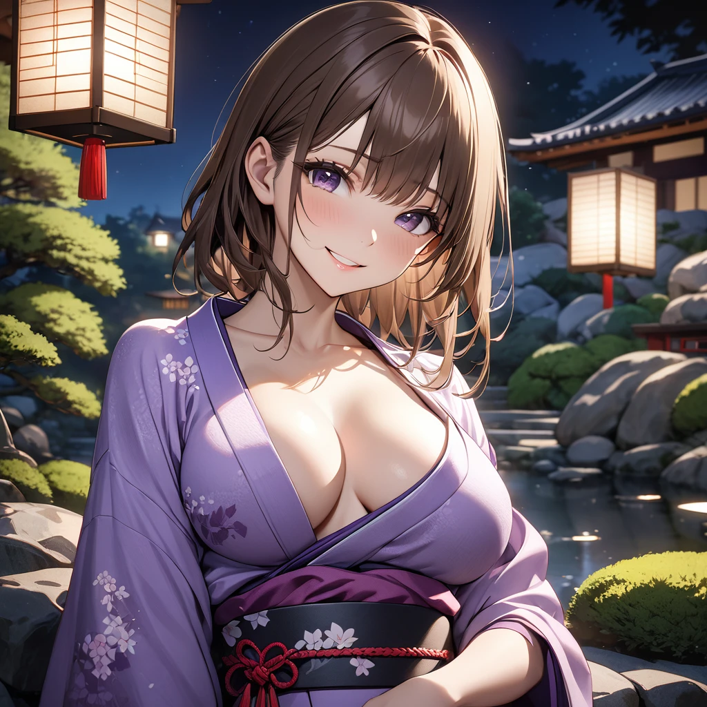  High resolution, masterpiece, 最high quality, Very detailed, high quality, Textured skin,  Brown Hair, Natural smile, Japanese garden,night,Cinema Lighting, Purple kimono,chest, born,Professional photography,Cinema Lighting, round breasts, breasts apart,