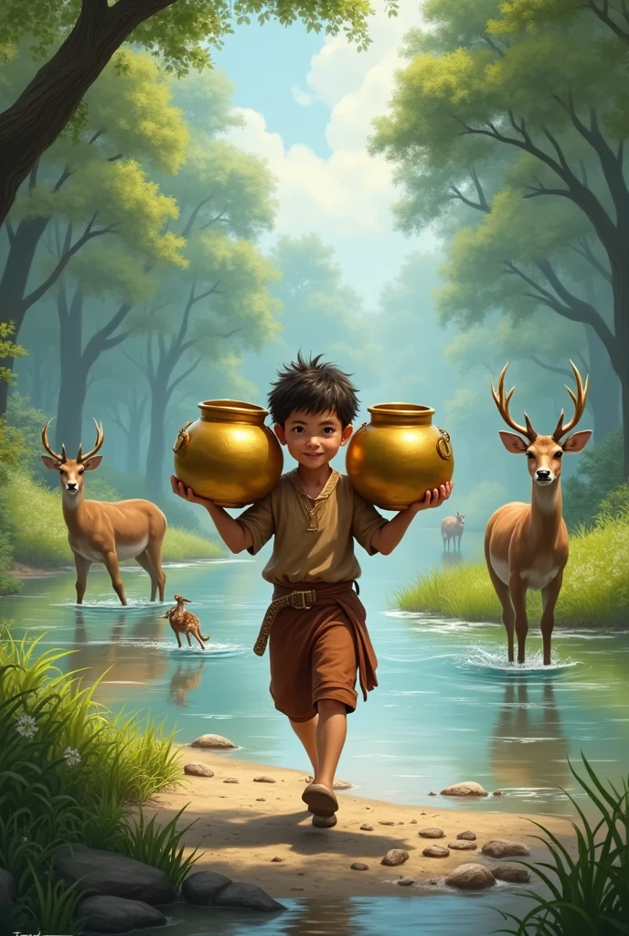 ယောက်ကျားလေးတစ်ယောက် ရွှေအိုးနှစ်လုံးကို ရေထမ်းတပိုးနဲ့ ချိတ်ကာရှေ့နောက်တစ်လုံးစီ သယ်ပြီးပြန်လာ။ မြစ်ကမ်ဘေးမှာ သမင်တွေကရေကစားနေကြ
ကိုကား - သုဝဏ္ဏသာမဇာတ်၊ မဟာဗုဒ္ဓဝင်