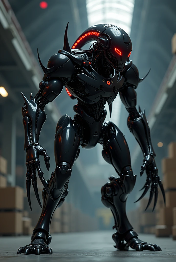 Create a hyper-realistic 4D image of a futuristic robotic entity with a sleek black exoskeleton on the back., equipped with a series of flashing red lights and sharp metal appendages resembling sickle-like blades. The robot is in a dynamic attack pose in a dimly lit environment., give an impressive presence. The design suggests advanced technology and possible malicious intent., as indicated by his aggressive stance and the intimidating row of glowing red eyes along his spine., that arches menacingly above the head. Manufacturing warehouse is visible in the background.