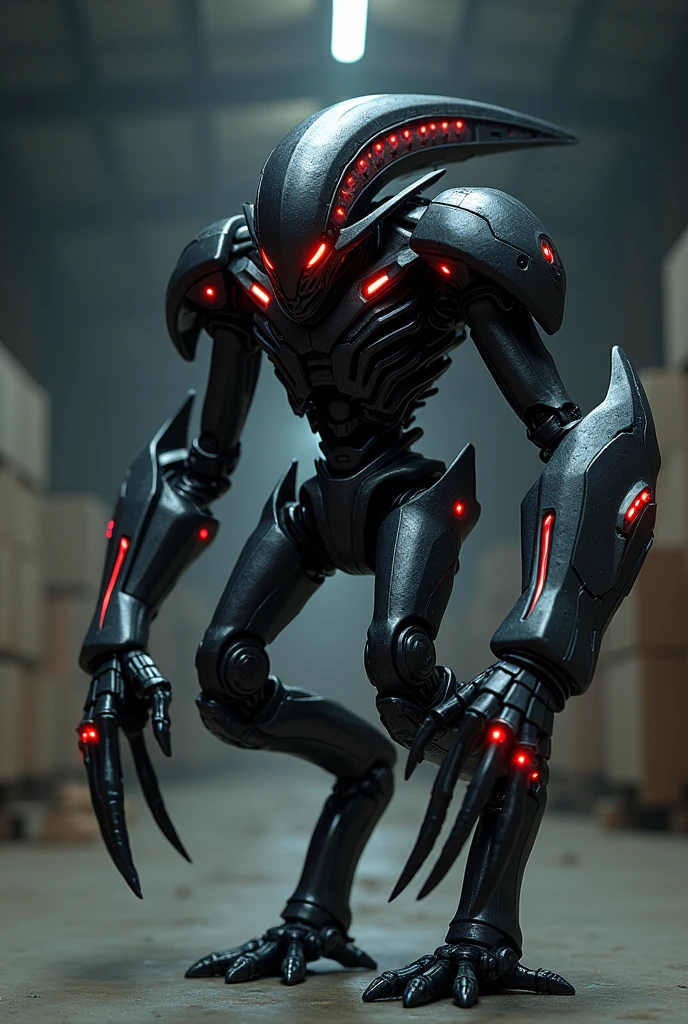 Create a hyper-realistic 4D image of a futuristic robotic entity with a sleek black exoskeleton on the back., equipped with a series of flashing red lights and sharp metal appendages resembling sickle-like blades. The robot is in a dynamic attack pose in a dimly lit environment., give an impressive presence. The design suggests advanced technology and possible malicious intent., as indicated by his aggressive stance and the intimidating row of glowing red eyes along his spine., that arches menacingly above the head. Manufacturing warehouse is visible in the background.