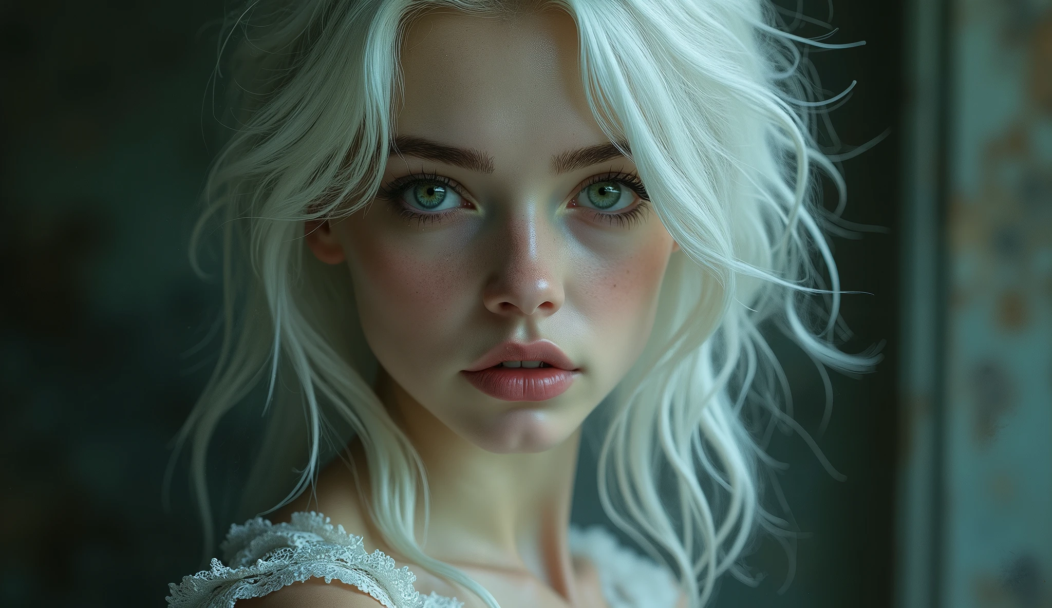 Young Caucasian woman in gothic style, white hair and green eyes