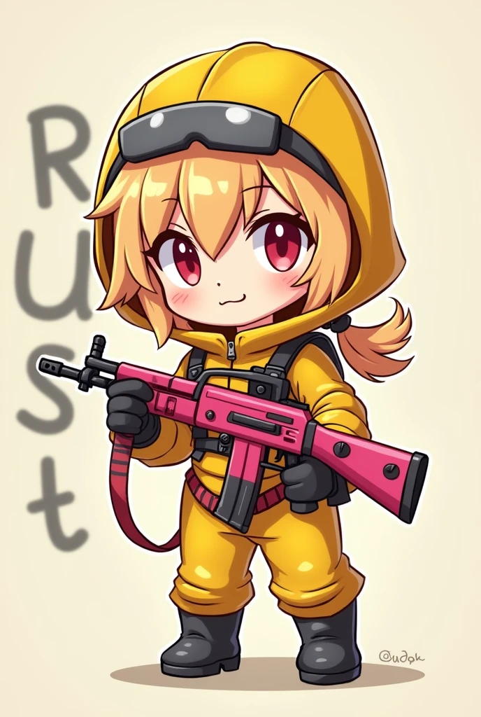 DESSIN VERSION CHIBI D UN PERSONAGE FILLE AU CHEVEUX BLOND DU JEUX VIDEO RUST EN HAZMAT QUI EST ROUGE SUR LA TETE ET JAUNE SUR LE CORT LA CAPUCHE legerement CARRE AVEC UNE AK ROSE DANS UNE MAINS ET DANS L4AUTRE ELLE LEVE LA VISIERE DE SON HAZMAT DERRIERE IL Y AURA ECRIT "RUST"