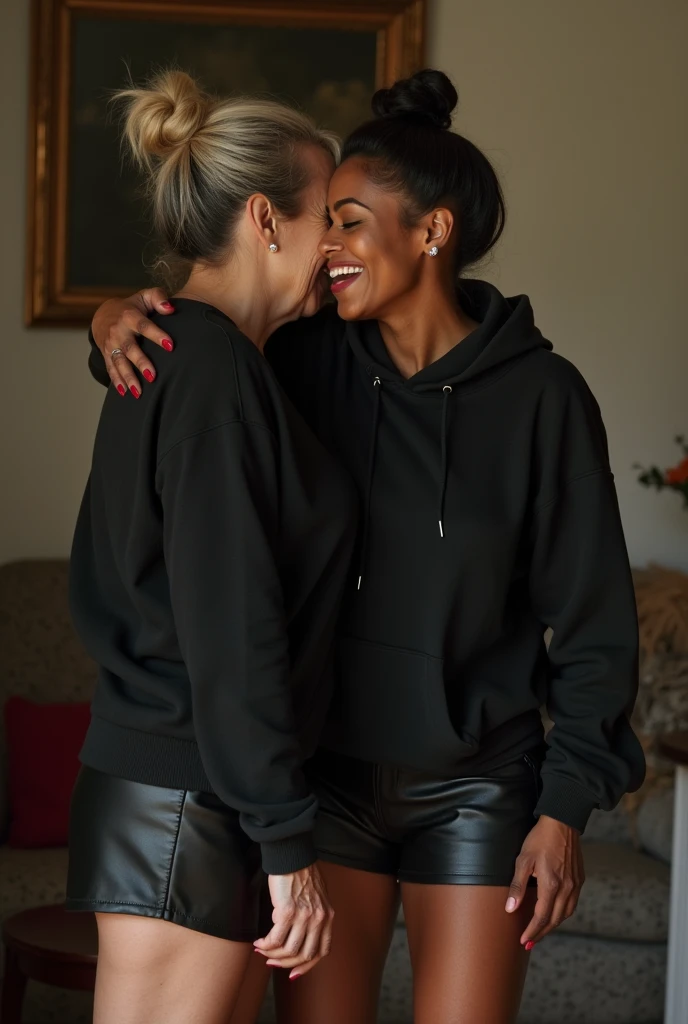 black woman hair in a bun black hoodie black leather short shorts being fucked in the ass by a old grandma in a dress