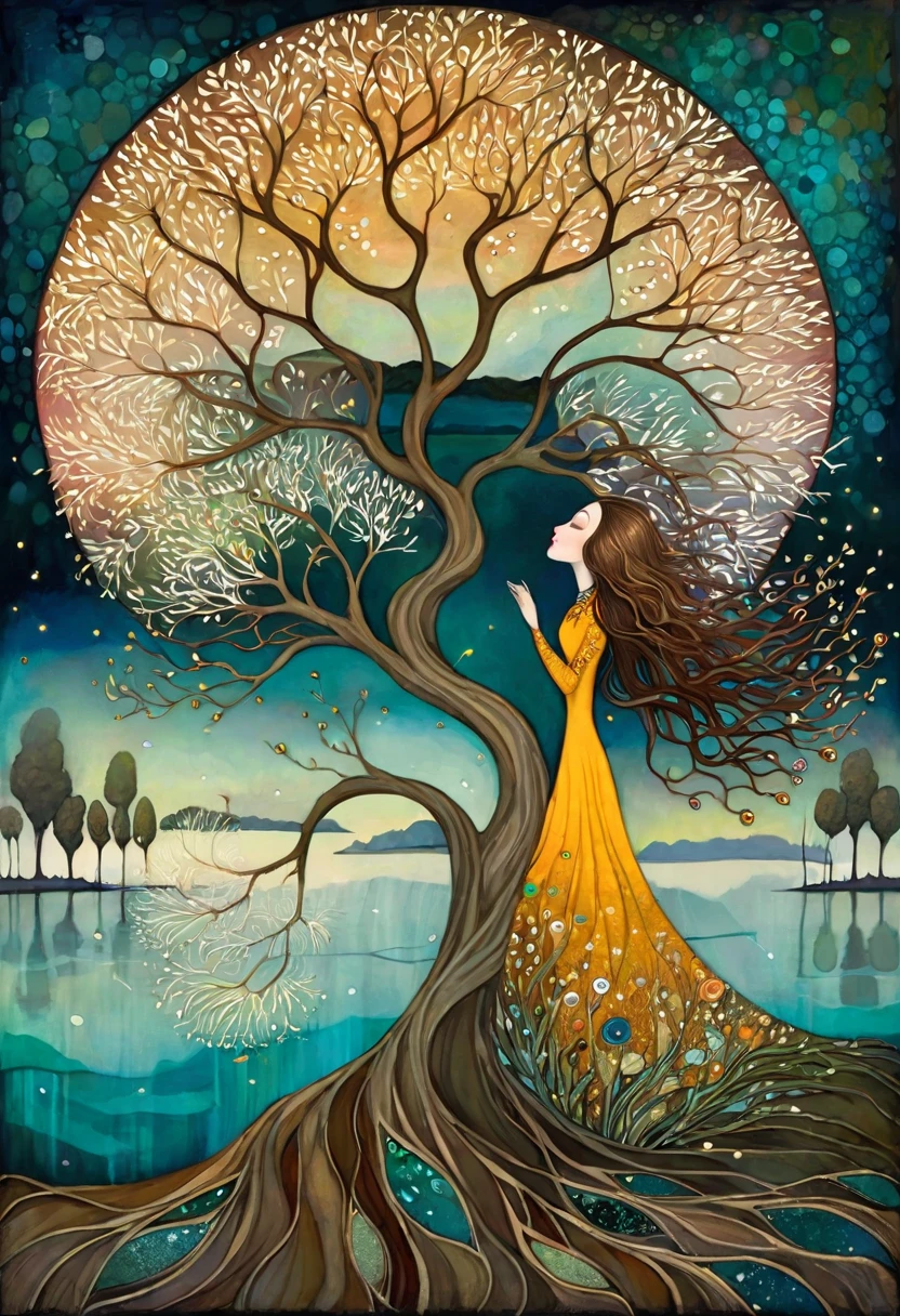 oil and acrylic painting In the Style of Andy Kehoe and Tracy Grimwood, Catrin Welz-Stein, Klimt.. yggdrasill tree, large roots like blown glass tubes sinking into the ground, stained glass branches rising high into the sky, woman with dark blond hair, waved by the wind, dress made of flowers and leaves . Three-quarter view of a lake with mustard-colored, emerald waters. Blooming dandelion flowers, poppies, marsh flowers, orchid blossoms. Disc-shaped sun of polychrome gemstones. Warm colors, and cold colors skillfully blended.
