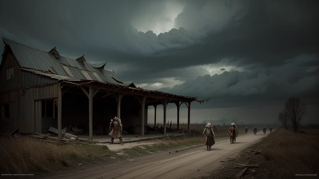 Orcs wandering around a lost abandoned barn, horror fantasy, surreal science fiction painting, Simon stålenhag, Denis sarazhin, ominous sky, Alex colville, terrifying art, nightmarish, disturbing art, grim noir, narrative storytelling art, phenomenal surrealism 