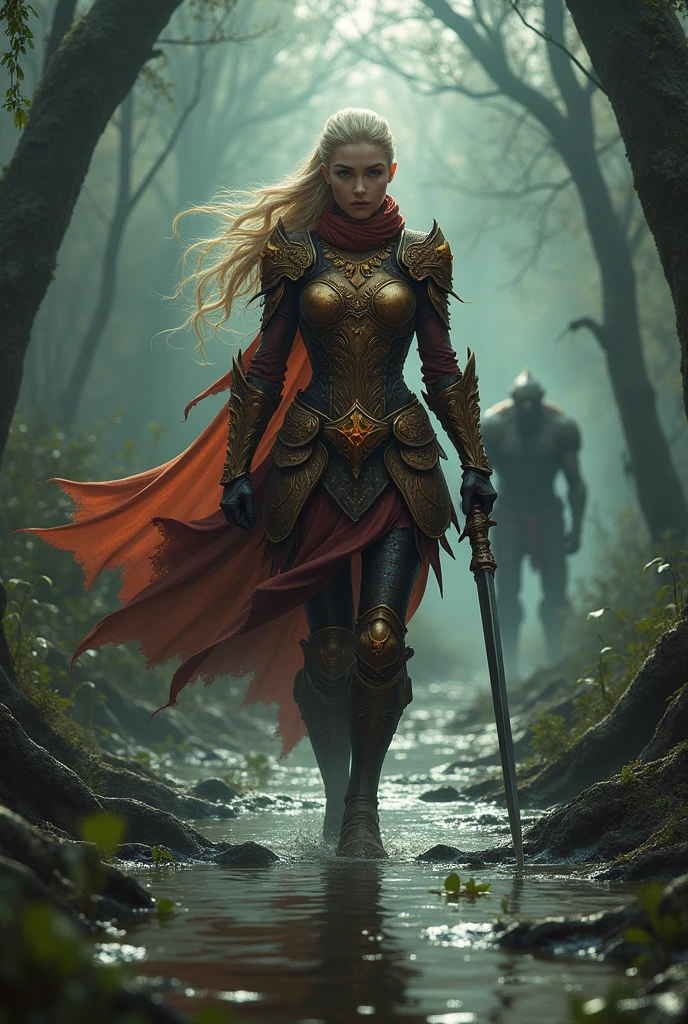 fantasy setting, a human warrior resembling Fire Emblem's Titania walking in a muddy swamp seen from behind with an orc stealing her weapon