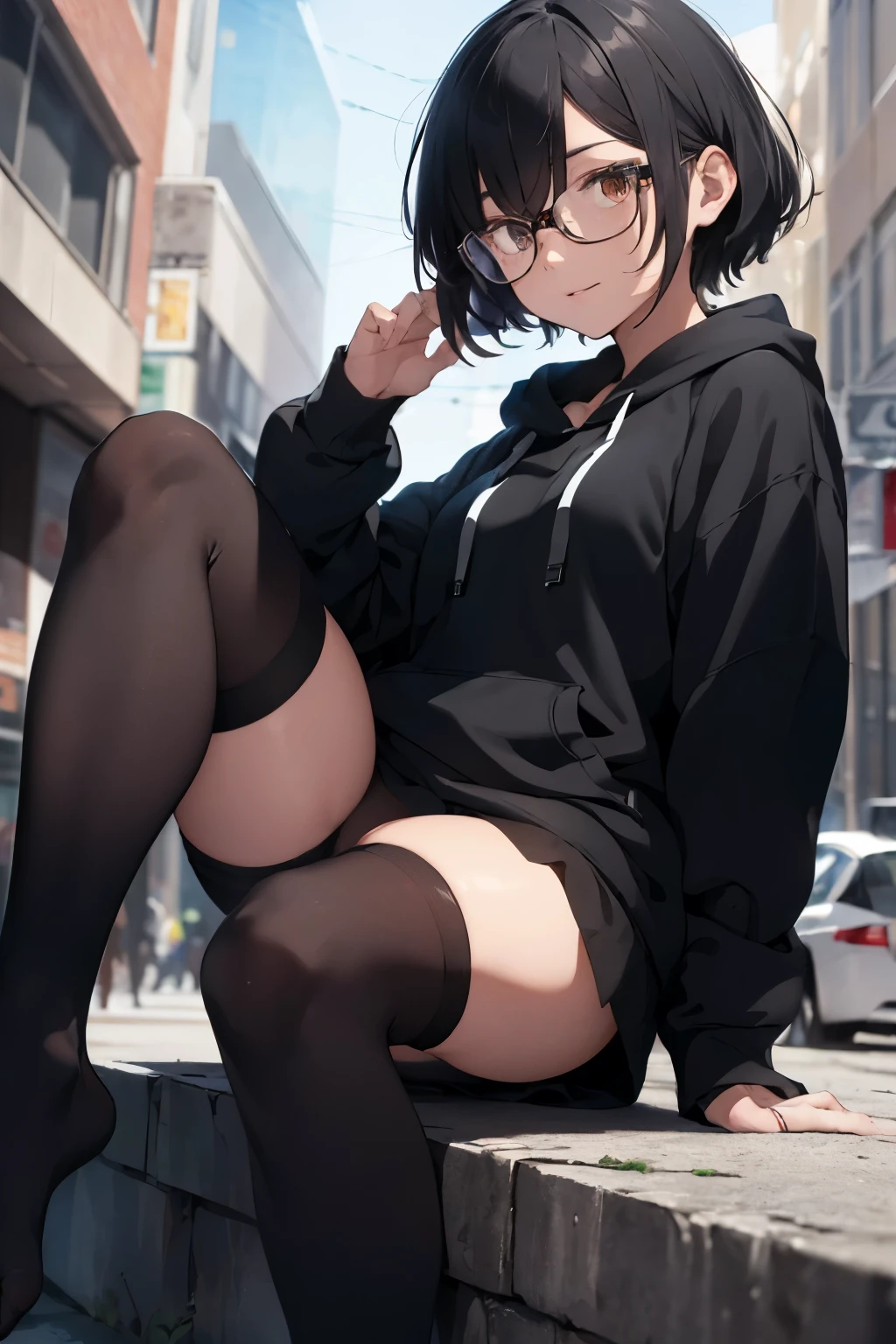 anime screencap, city, 1girl, solo, short hair, black hair, purple eyes, looking at the viewer, hair between eyes, lustful, closed mouth, ass, short top, small breast, flat chest, nude, naked, pink nipples, squatting, erotica, looking into viewer