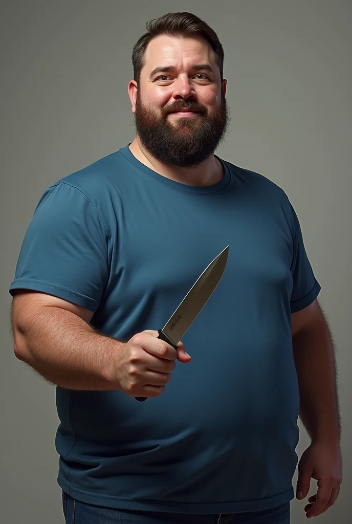 Create a slightly fat bearded man in a blue t-shirt with a knife