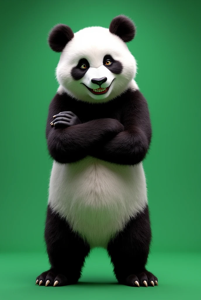 Ultra-realism、masterpiece、Highest quality、Film Grain、solid green background、(((Panda、着ぐるみを着た人みたいなPanda、Arms crossed、Grin、Stand with your feet apart)))、(Wow smile)、(Pandaは恨めしそうに見つめている:2)、far and near method, ((masterpiece, best quality, ultra detailed, 8k, photorealistic, hyperrealistic photo)),