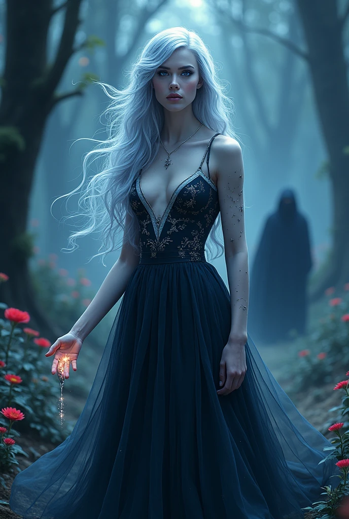 A woman with long, wavy hair, with silver locks that shine under the moonlight. Hair looks almost ethereal, as if floating lightly, the eyes a deep shade of blue, like a night sky, with small silver sparks that resemble stars. They have a hypnotic glow, almost as if they reflected the moonlight. Furthermore, the pupil is slightly elongated, giving a mysterious and predatory touch, like a vampire's.
the skin is pale with a slight glow reminiscent of nighttime luminescence. Small constellation markings adorn her arms, wearing a long, flowing dress, made of a fabric that appears to change color between deep blue and black, with silver embroidery, it is in the center, com um olhar intenso, holding a magical artifact.
In the background there is a blurred and shadowy figure of a man with a threatening aura.
In a setting that mixes elements of nature and magic, like an enchanted forest with tall trees and bright flowers, but also with sinister shadows that suggest danger.
With symbols and runes that represent both blood (like drops or marks) as the charms (como estrelas).