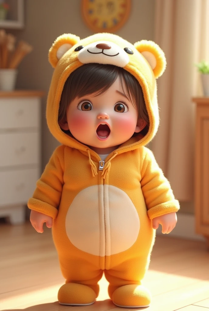 (girl),(()) ,3d images ,Highest quality 8K ,Chubby body shape,((Very fat)),Pink cheeks,podgy,Good mood, very happy,Gym is good,((surprised)),((excited)),Put on a stuffed animal costume,Balanced lighting,blurred background,Middle of the picture