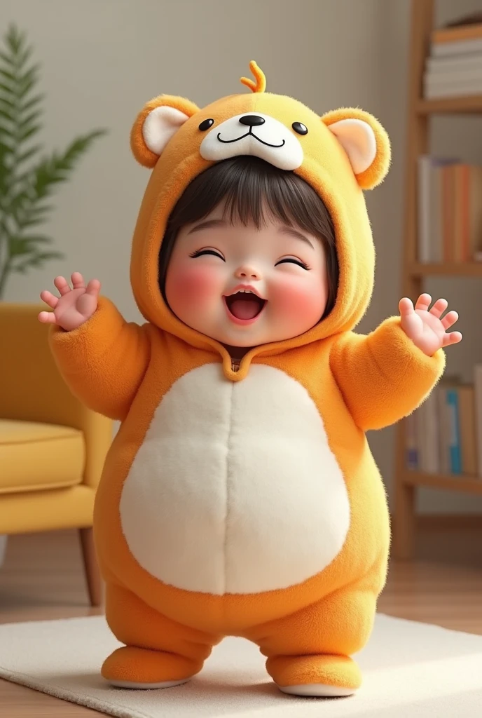 (girl),(()) ,3d images ,Highest quality 8K ,Chubby body shape,((Very fat)),Pink cheeks,podgy,Good mood, very happy,Gym is good,((surprised)),((excited)),Put on a stuffed animal costume,Balanced lighting,blurred background,Middle of the picture