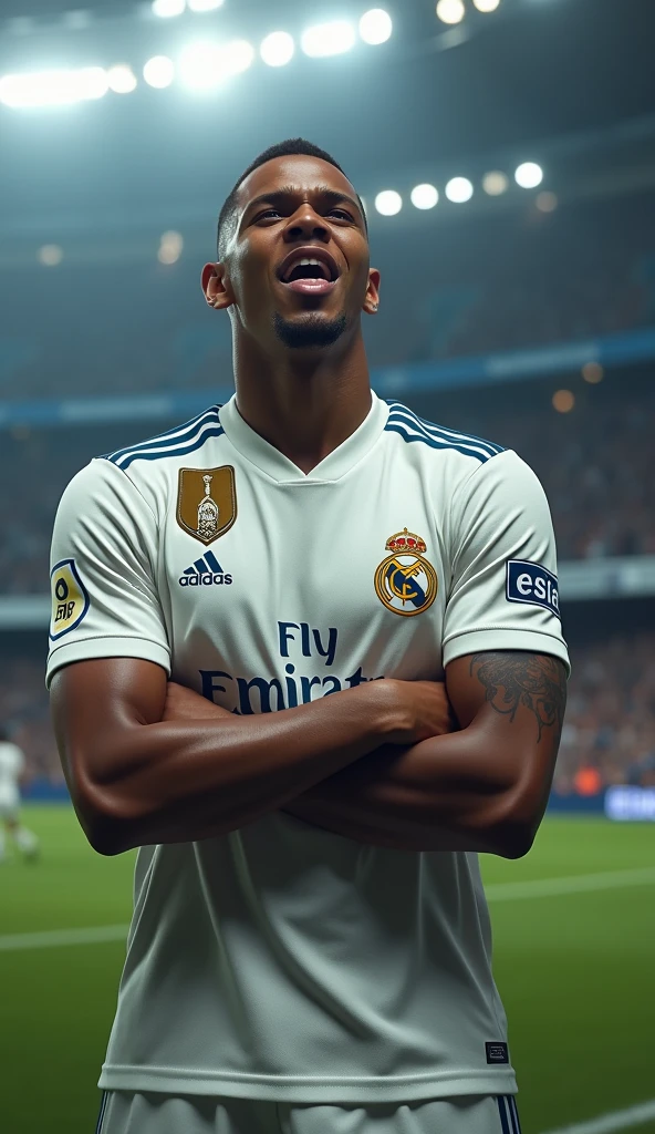photorealistic, 8k, hyperrealistic, a Kylian Mbappe wear Real Madrid jersey, number 9, celebrating his goal, in stadium, arm crossed pose, highly detailed face, intense expression, full body in frame, dramatic lighting, cinematic composition, chiaroscuro, dramatic shadows, photographic realism