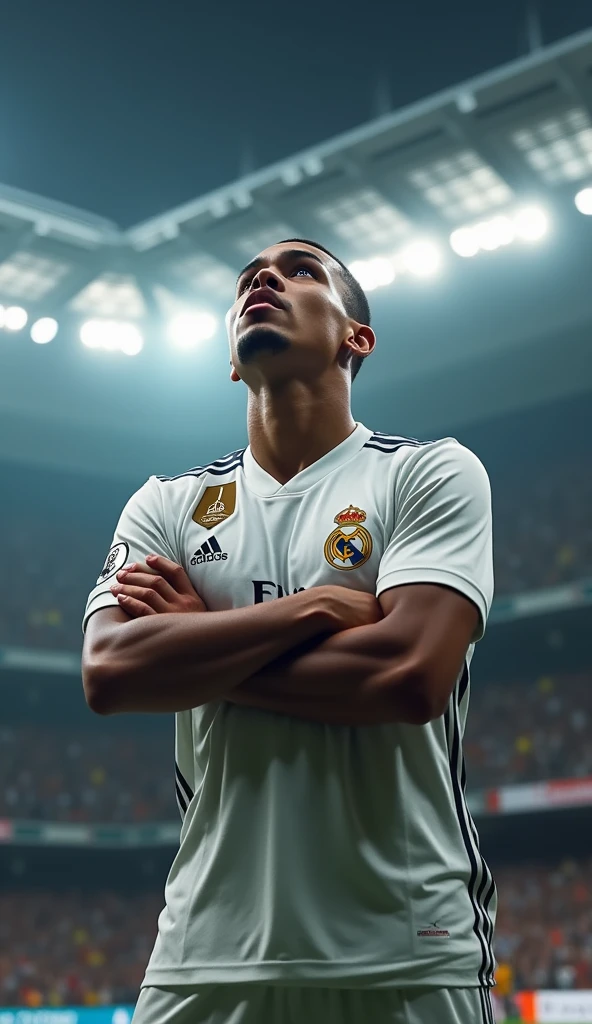 photorealistic, 8k, hyperrealistic, a Kylian Mbappe wear Real Madrid jersey, number 9, celebrating his goal, in stadium, arm crossed pose, highly detailed face, intense expression, full body in frame, dramatic lighting, cinematic composition, chiaroscuro, dramatic shadows, photographic realism