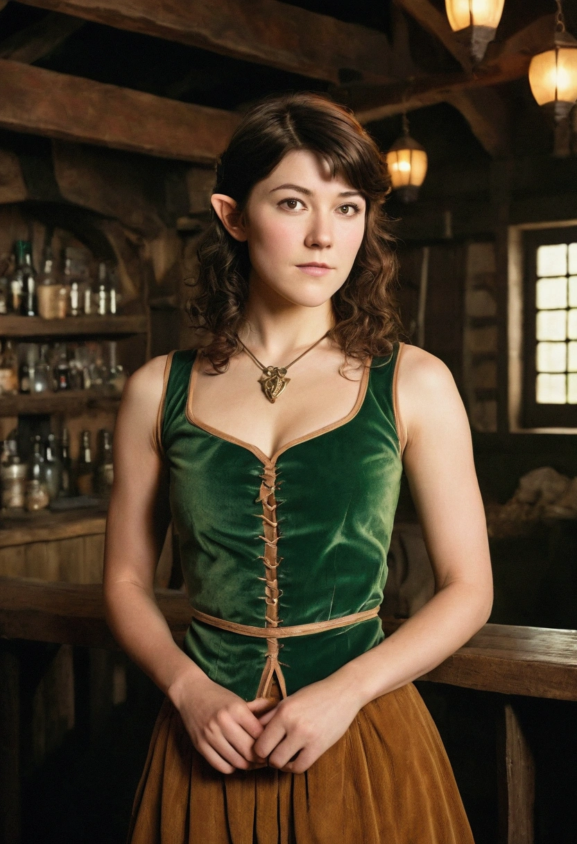 analog film photograph, photo of an elven maiden, 18-years-old, amazonian stature, athletic hourglass figure, busty breasts, narrow waist, full wide hips, big round buttocks, wearing a tank top and a corduroy skirt, warm almond complexion, pointy elf ears, dark hair, short curly bob cut, resembles Mary Elizabeth Winstead, posing in a seedy medieval tavern stage, RAW Photograph, dslr, soft lighting, high quality, film grain, Fujifilm XT3, detailed skin with visible pores, insane details, masterpiece, 8k, 35mm photograph, dslr, kodachrome, faded film, desaturated, grainy, vintage, Lomography, stained, highly detailed, found footage, long elven ears