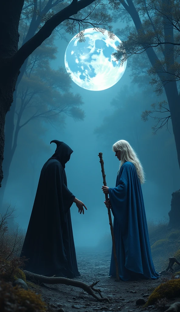 High resolution,High detail,8K platinum blonde long haired young male wizard。Wearing a blue robe、Standing with an ancient walking stick。Detailed footage of a scene where a man fights an evil witch wearing a black dress and a black head cloth, who is defeated and falls to the ground. The background is a moonlit night in an ancient forest, realistic photography