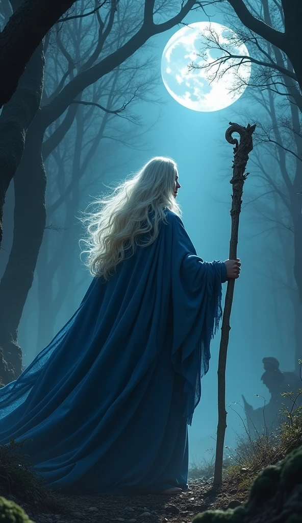 High resolution,High detail,8K platinum blonde long haired young male wizard。Wearing a blue robe、Standing with an ancient walking stick。Detailed footage of a scene where a man fights an evil witch wearing a black dress and a black head cloth, who is defeated and falls to the ground. The background is a moonlit night in an ancient forest, realistic photography