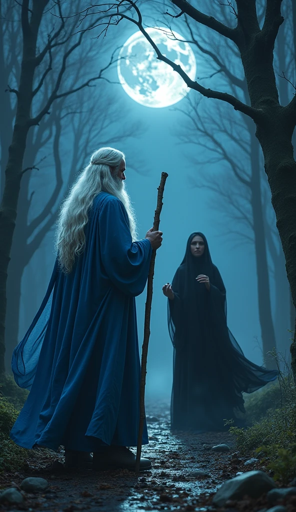 High resolution，High detail，8K platinum blonde long haired young male wizard。Wearing a blue robe、Standing with an ancient walking stick。Detailed footage of a scene where a man fights an evil witch wearing a black dress and a black head cloth, who is defeated and falls to the ground.　The background is a moonlit night in an ancient forest, realistic photography
