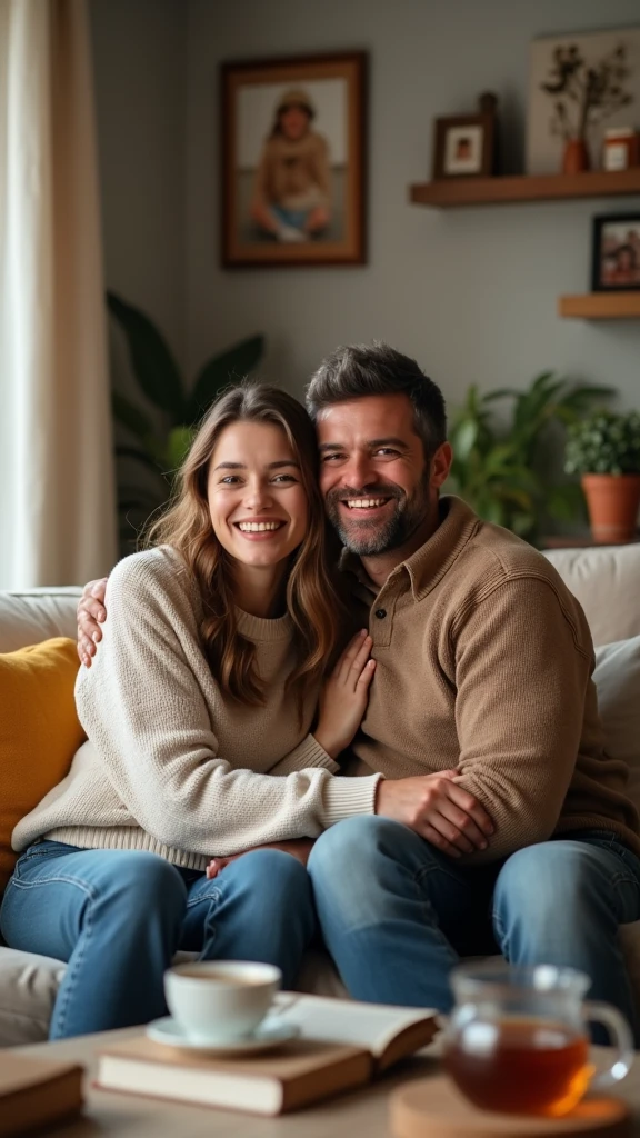 A supportive and happy couple sits together on a cozy living room sofa, sharing a warm and loving moment. The woman has her arm wrapped around the man, and they both have genuine smiles, radiating warmth and affection. The room is softly lit, with a comfortable, inviting atmosphere, featuring plush cushions, family photos on the walls, and a coffee table with books and a steaming cup of tea. Their body language shows a deep connection, trust, and mutual support, capturing the essence of a strong and happy relationship